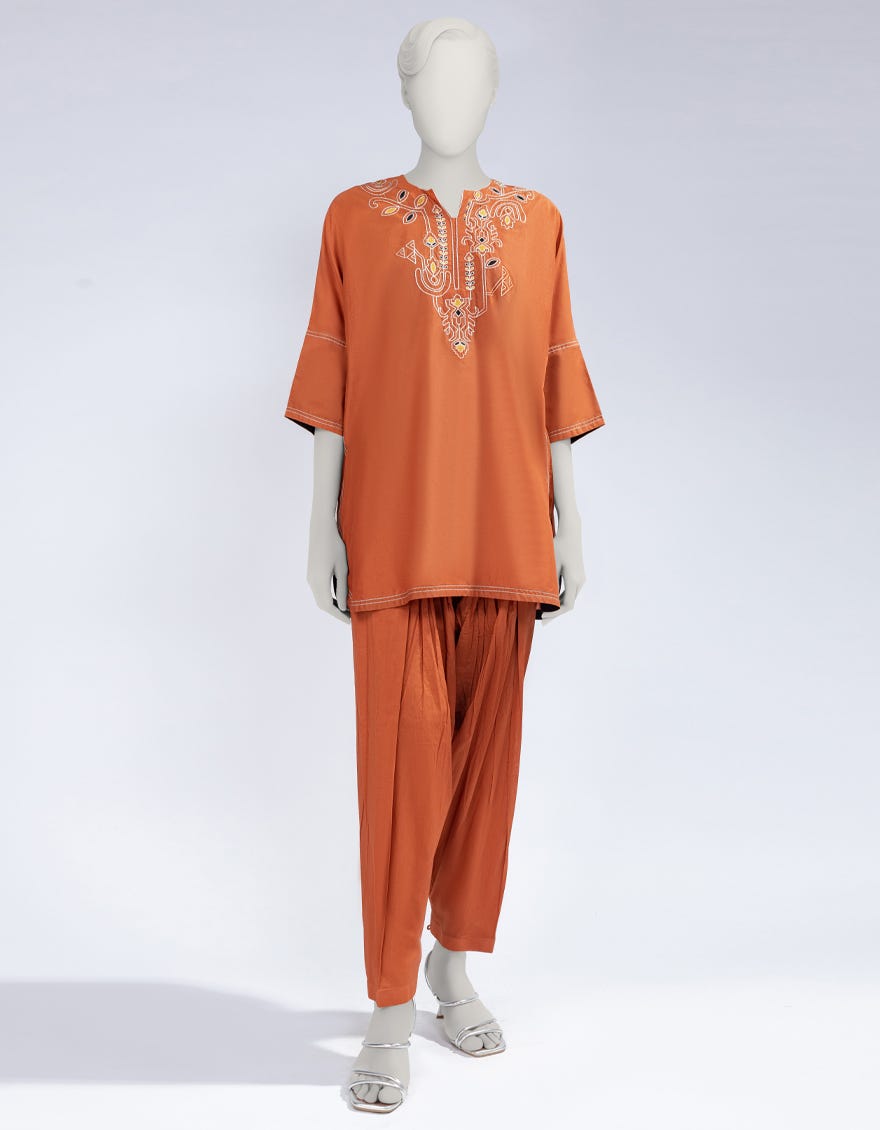 ORANGE COTTON EMBROIDERED CO-ORD SET