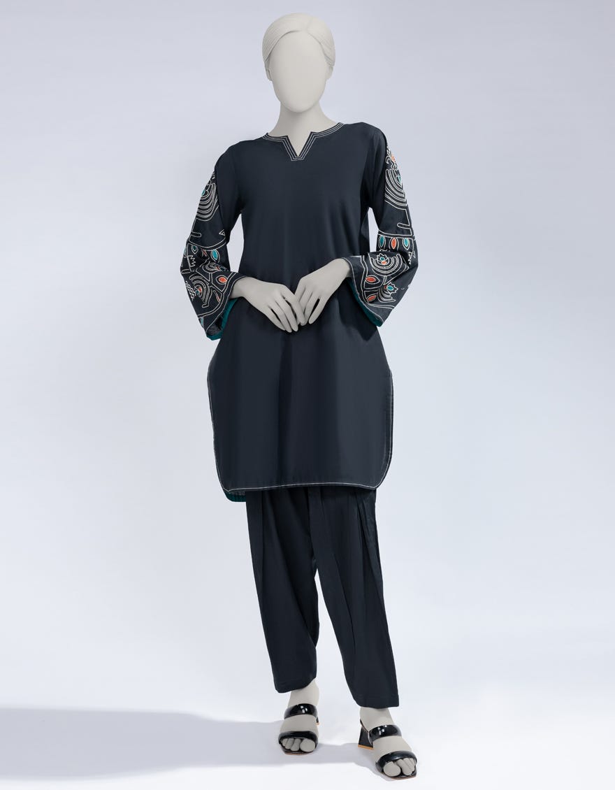 BLACK TEXTURED COTTON EMBROIDERED CO-ORD SET