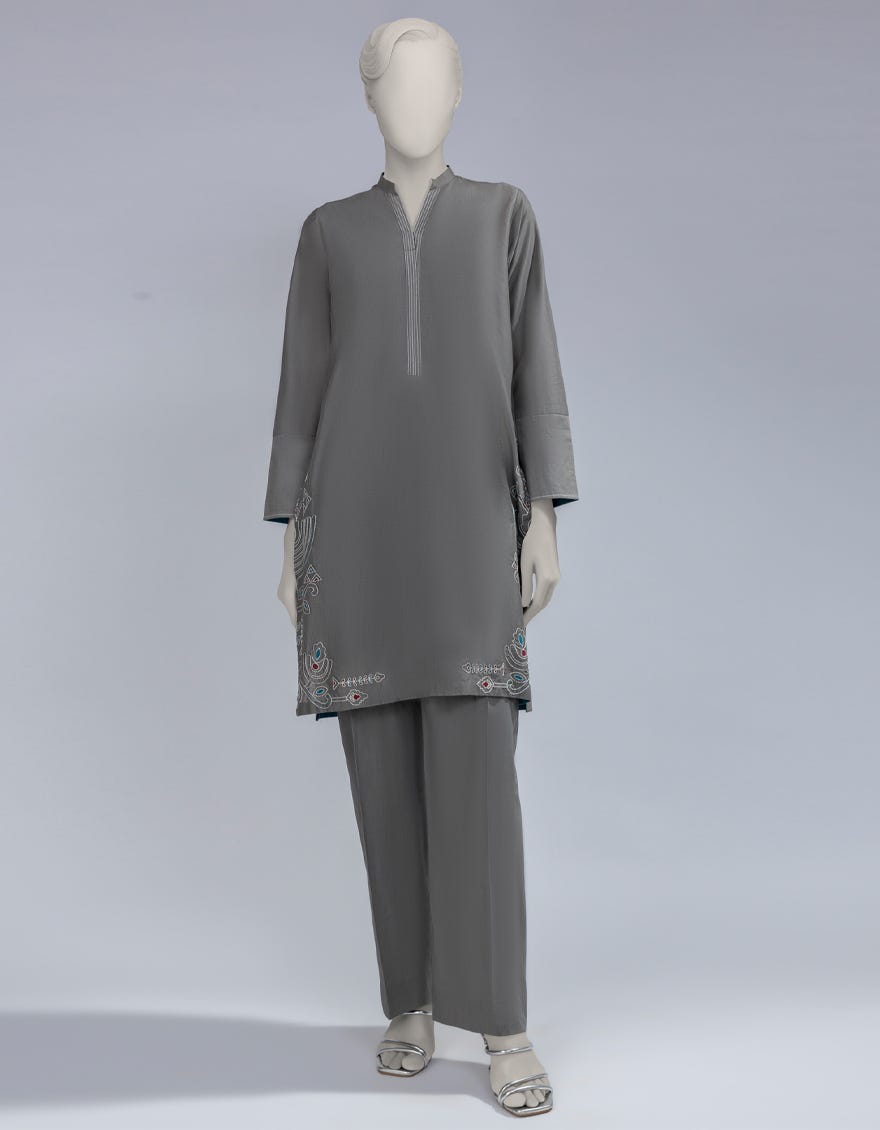 GREY COTTON EMBROIDERED CO-ORD SET