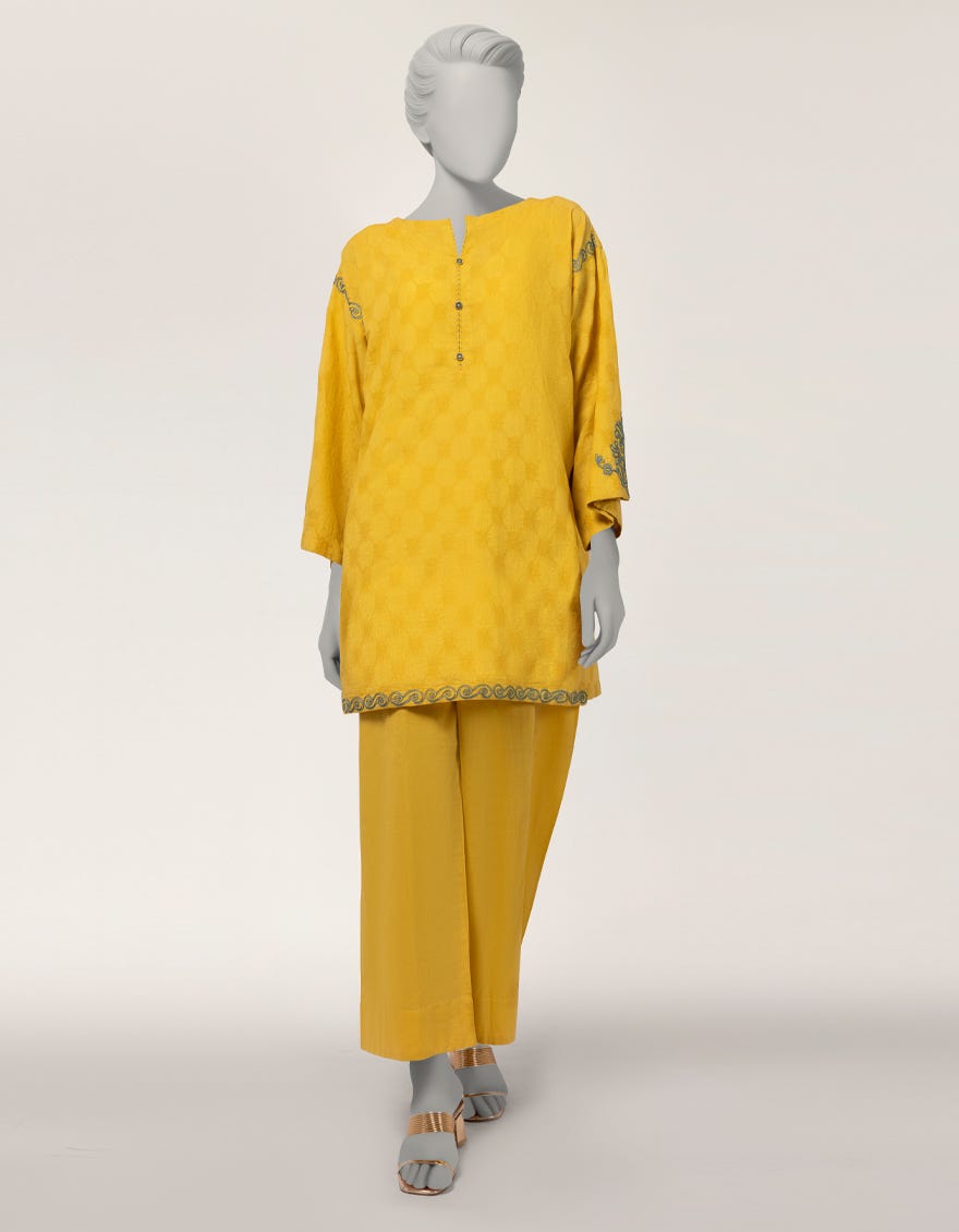 YELLOW DOBBY EMBROIDERED CO-ORD SET