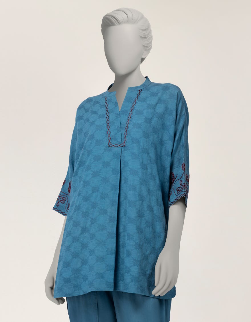 BLUE DOBBY EMBROIDERED CO-ORD SET