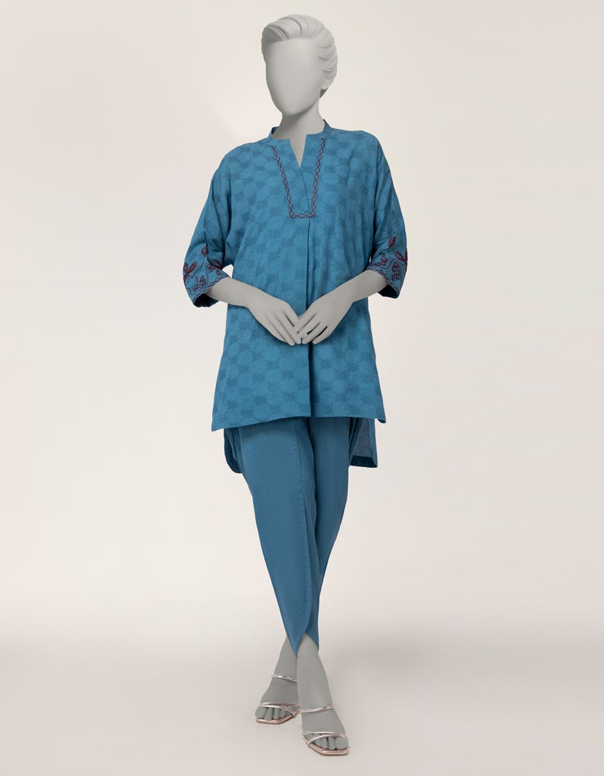 BLUE DOBBY EMBROIDERED CO-ORD SET
