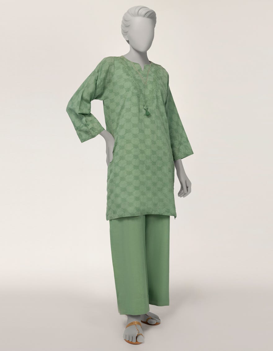 GREEN DOBBY EMBROIDERED CO-ORD SET