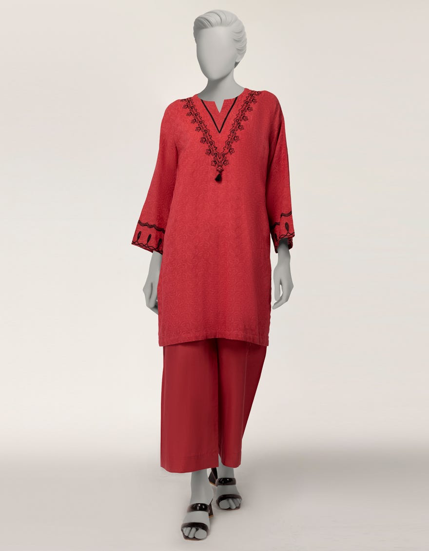 RED DOBBY EMBROIDERED CO-ORD SET