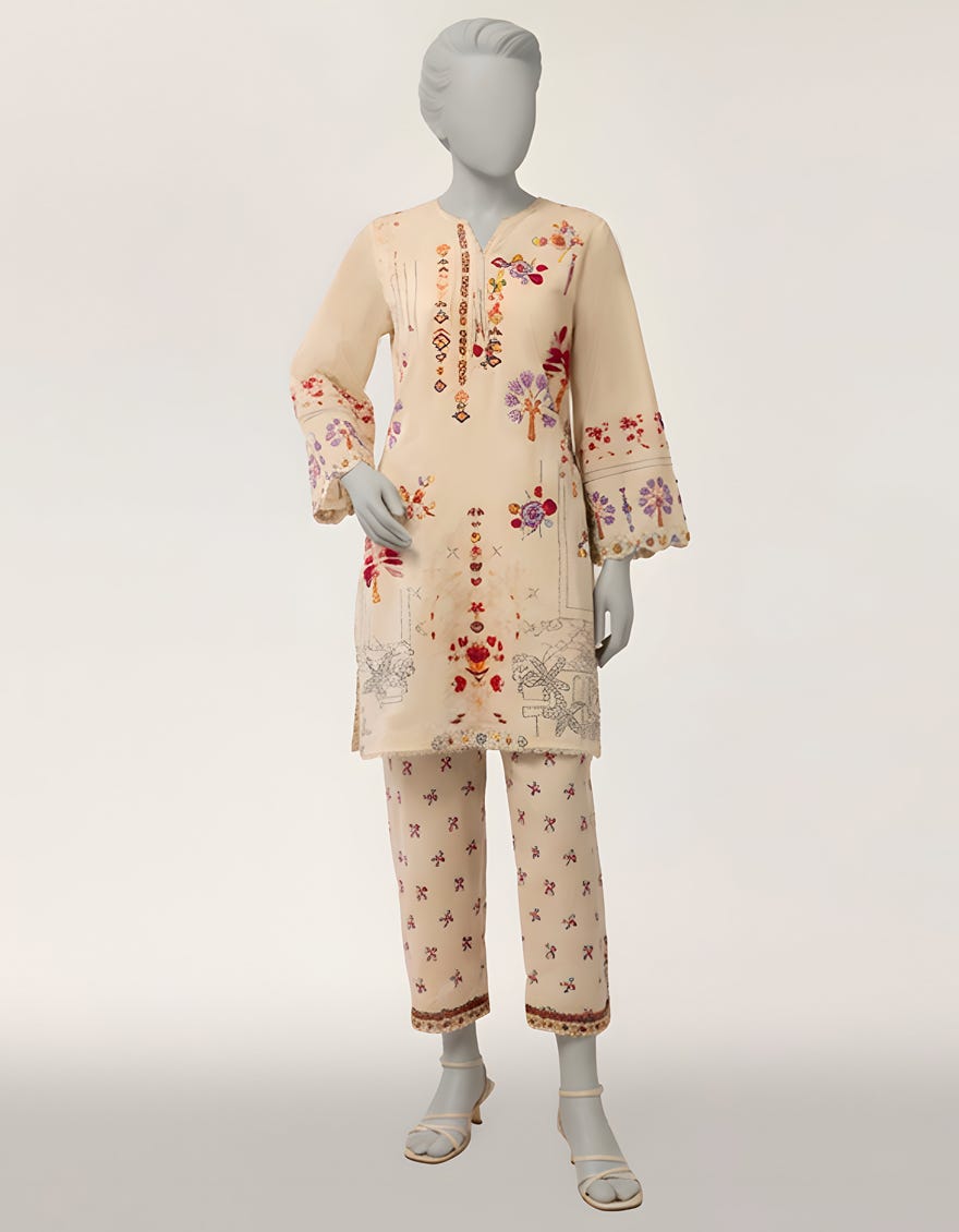BEIGE LAWN EMBROIDERED CO-ORD SET