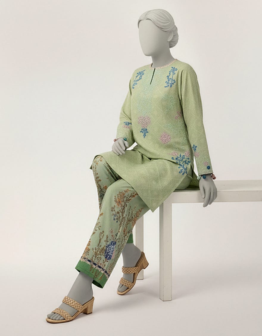 GREEN DOBBY EMBROIDERED CO-ORD SET