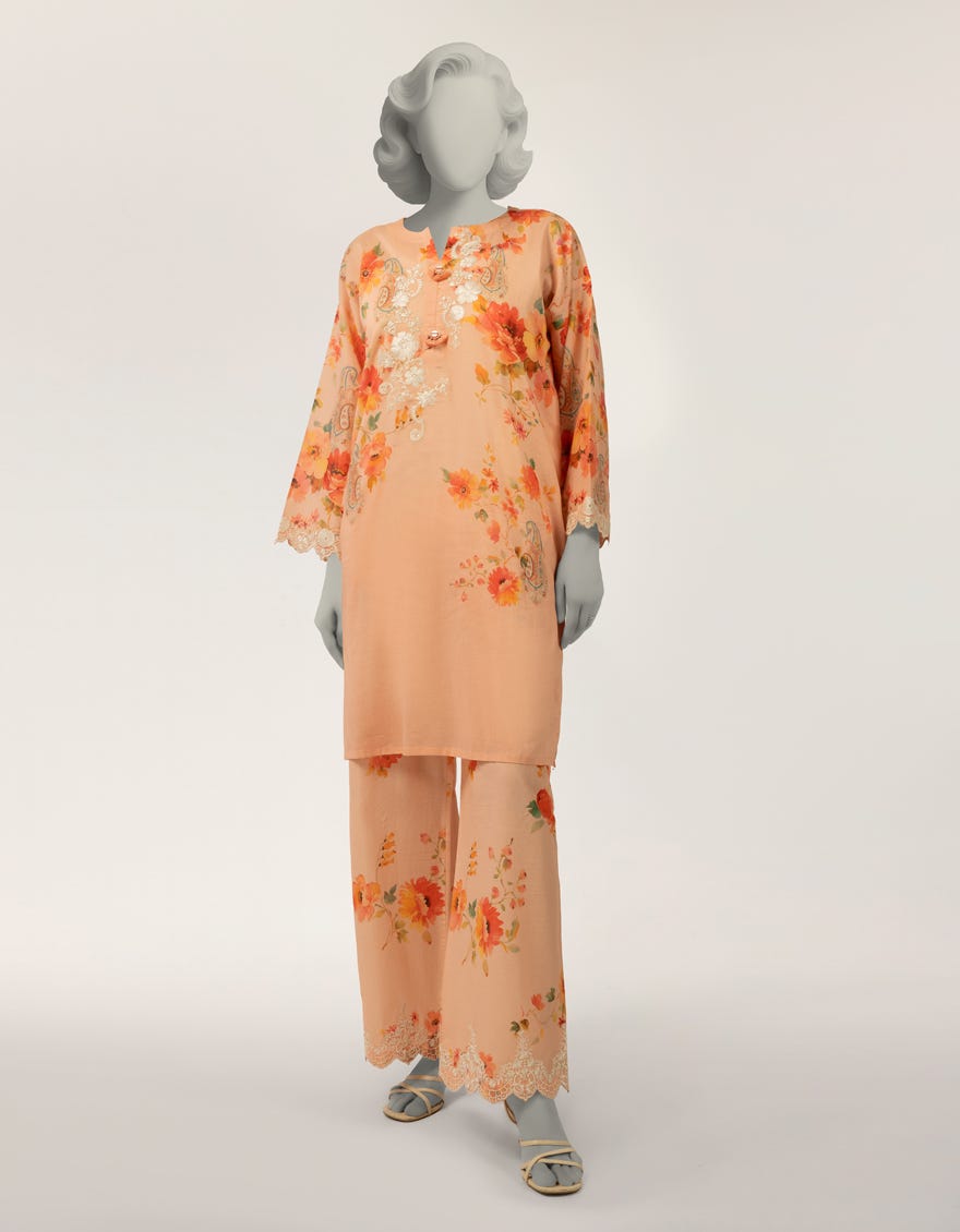 PEACH LAWN EMBROIDERED CO-ORD SET