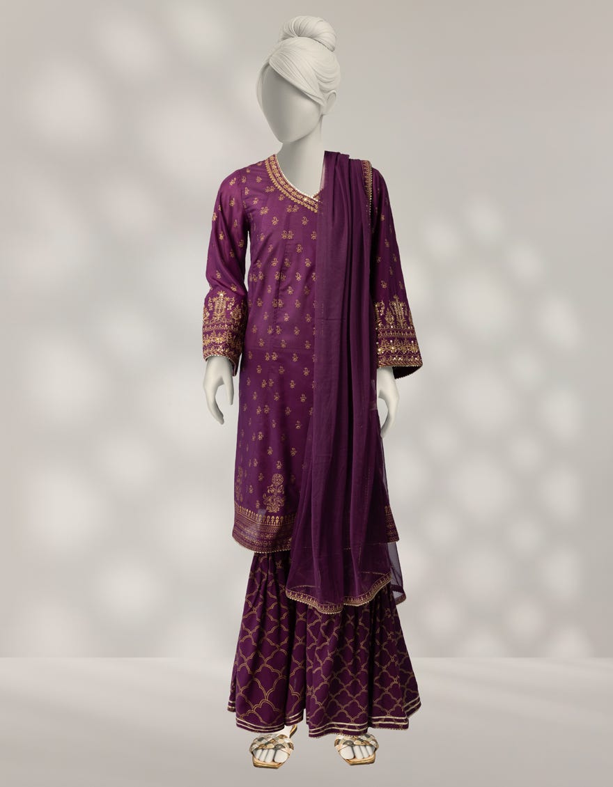PURPLE SILK EMBROIDERED 3PC STITCHED