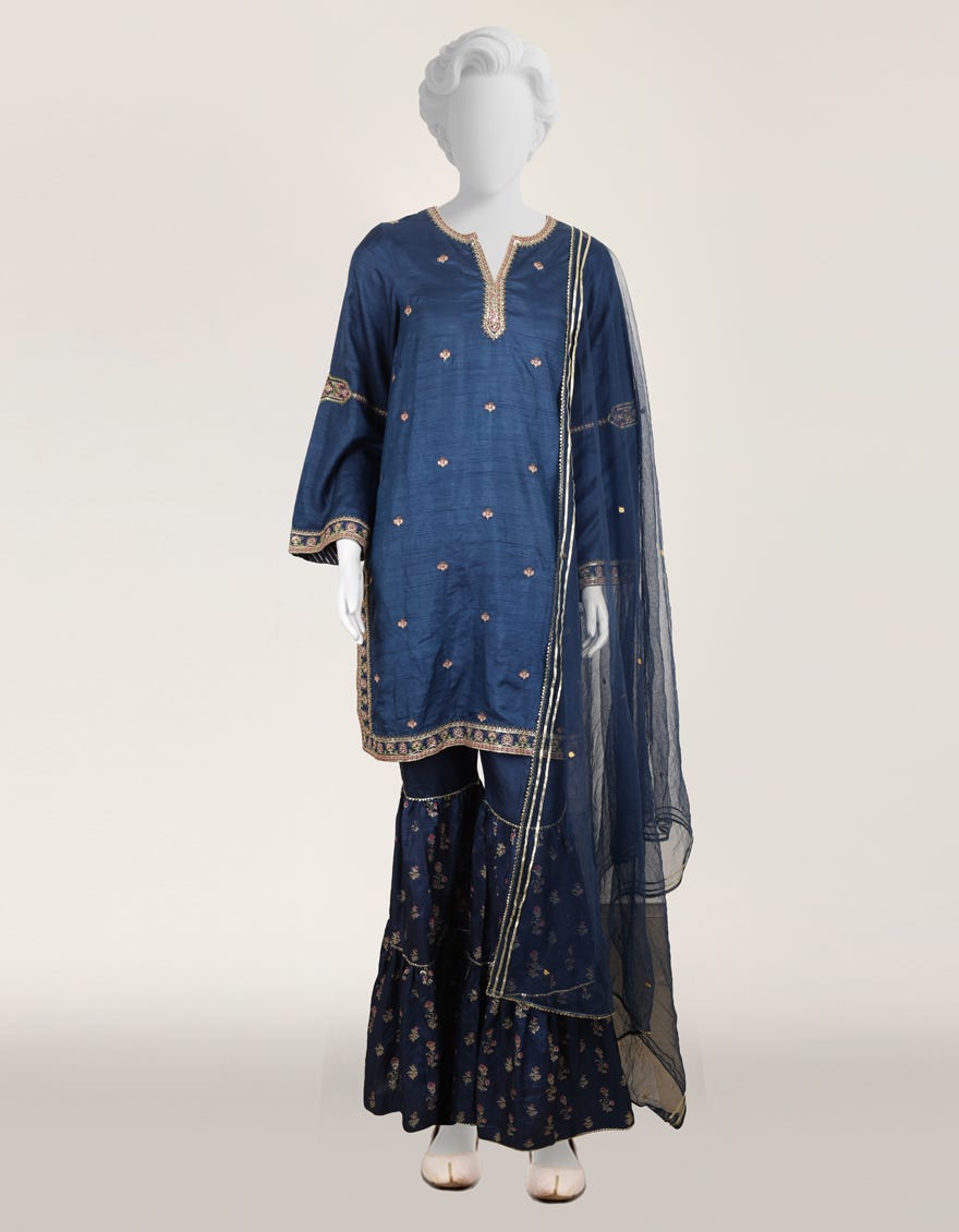 BLUE MAPLE SILK EMBROIDERED STITCHED 3PC