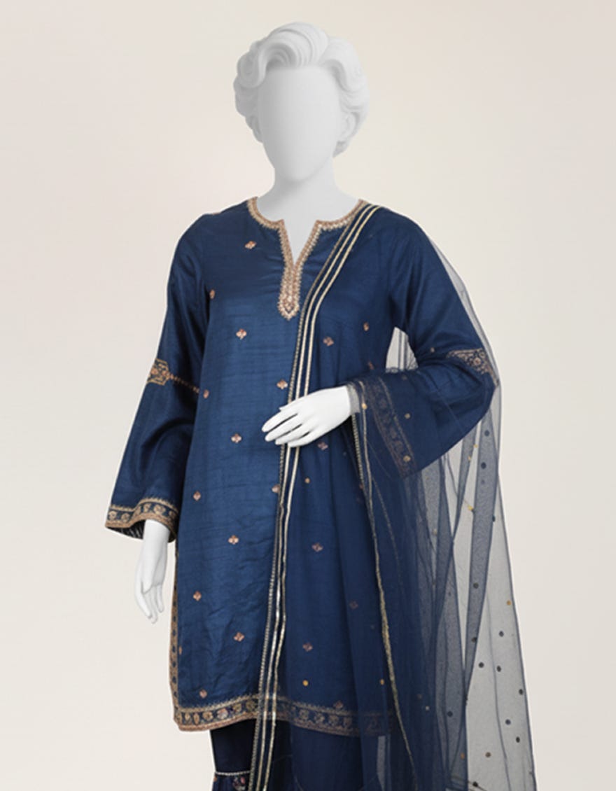 BLUE MAPLE SILK EMBROIDERED STITCHED 3PC