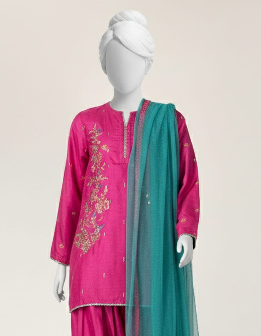 PINK RAW SILK EMBROIDERED STITCHED 3PC
