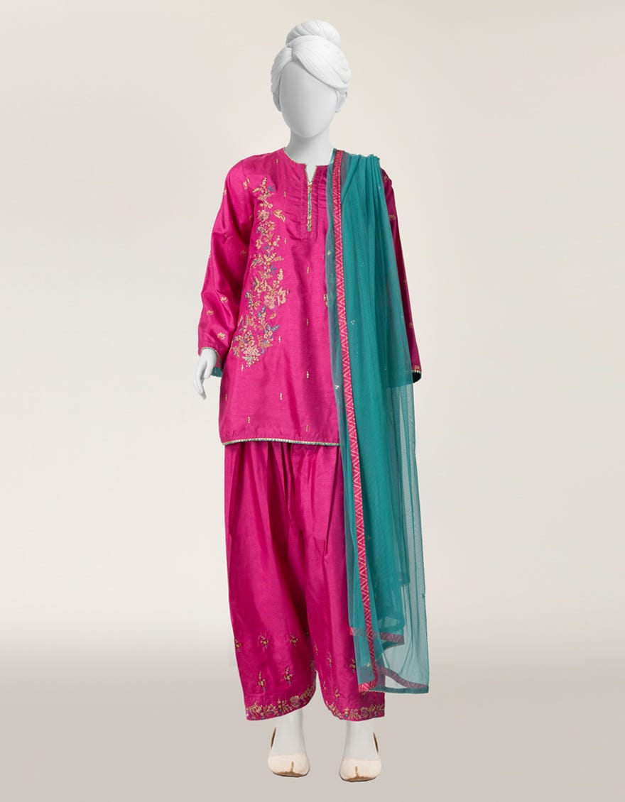 PINK RAW SILK EMBROIDERED STITCHED 3PC
