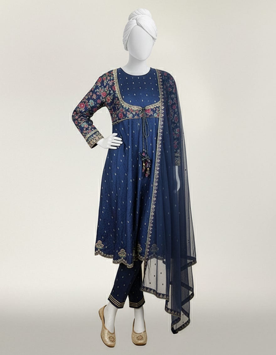 BLUE RAW SILK EMBROIDERED STITCHED 3PC