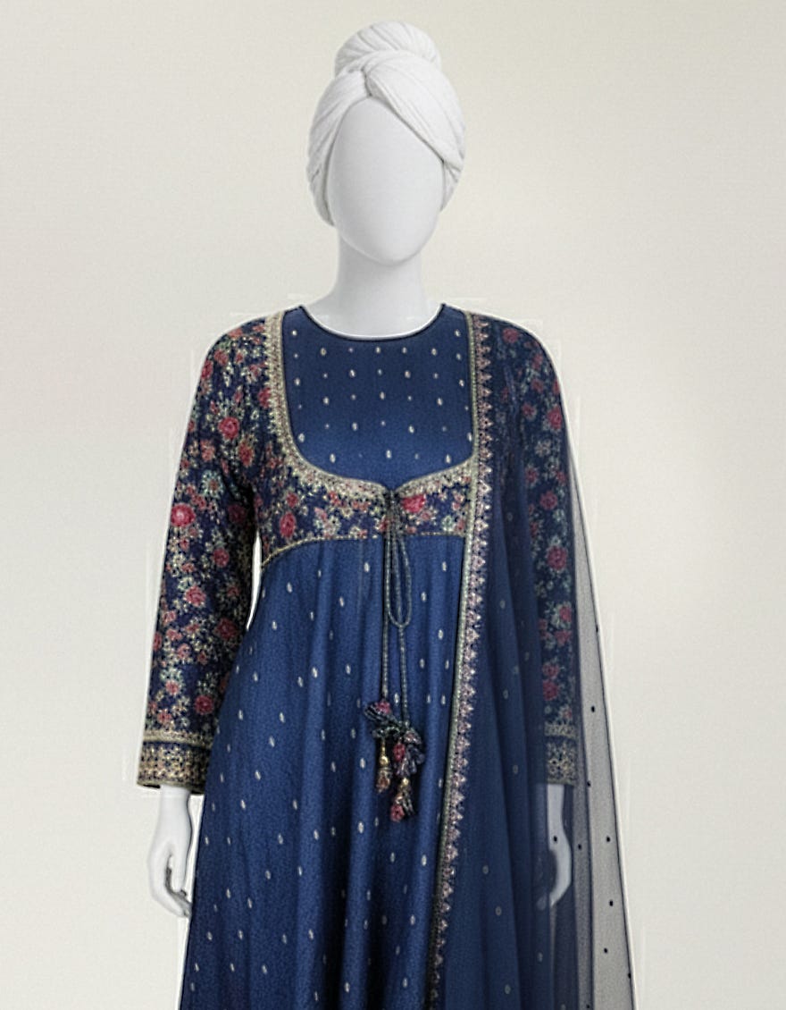 BLUE RAW SILK EMBROIDERED STITCHED 3PC