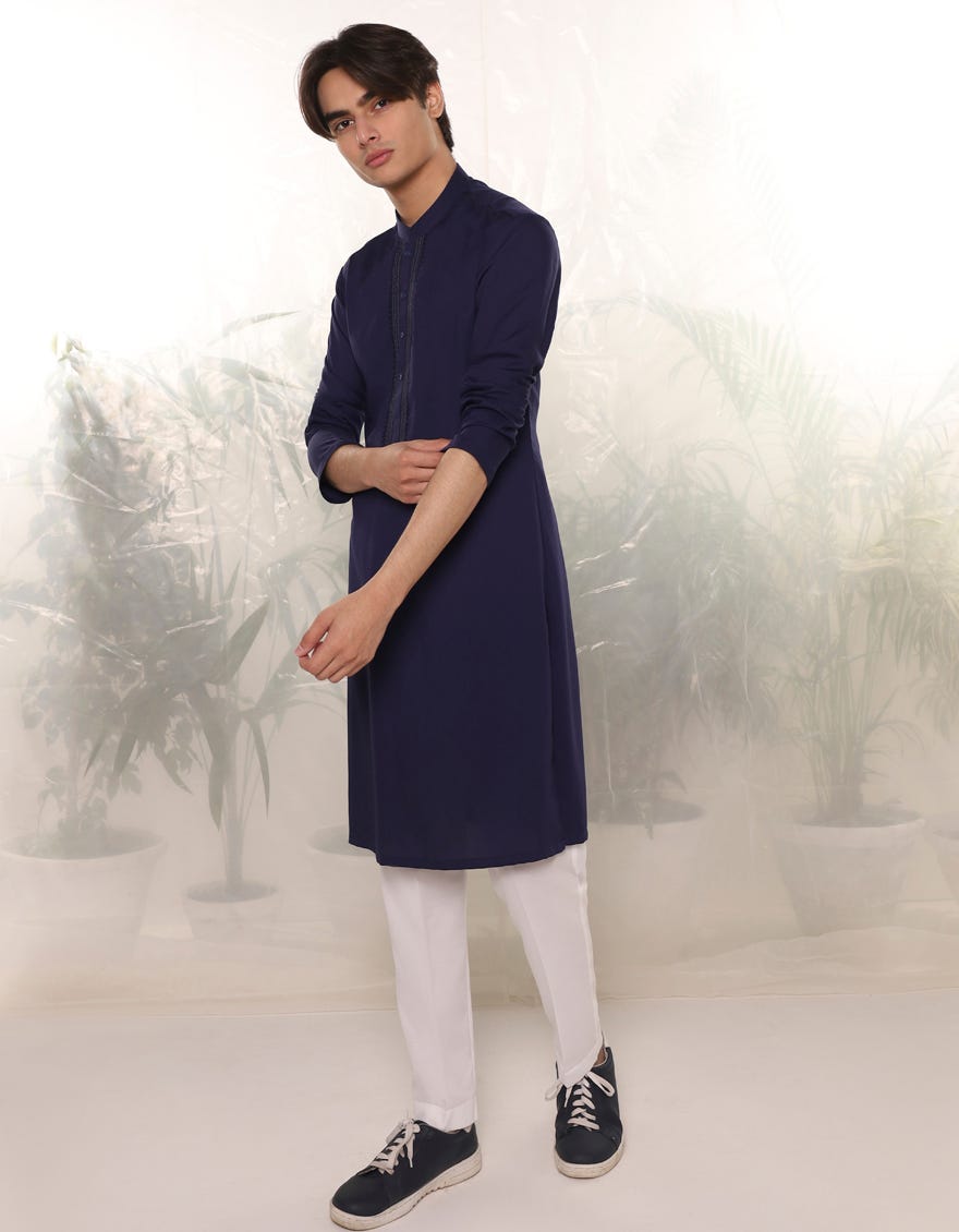 Navy Blue Blended Teen Boy's Kurta | Jtk-A-34766