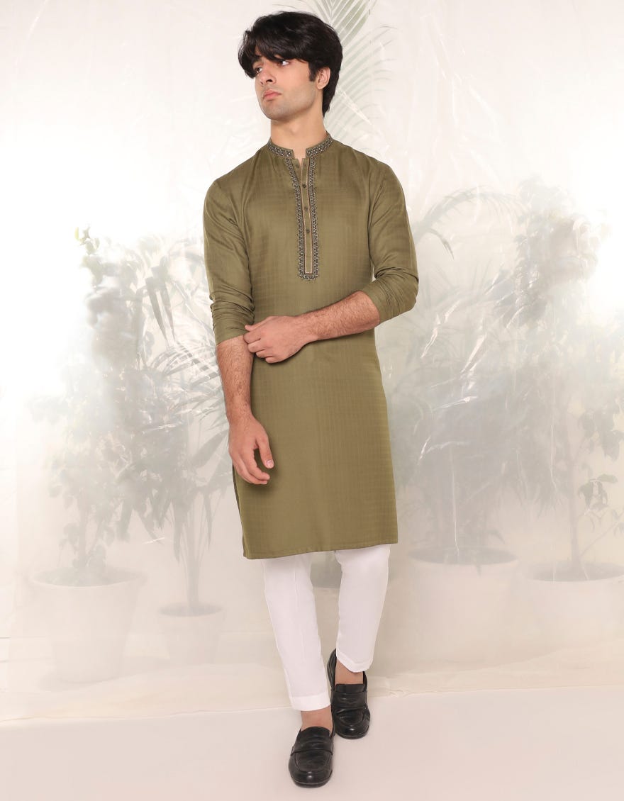Mehndi Green Cotton Teen Boy's Kurta | Jtk-A-39136
