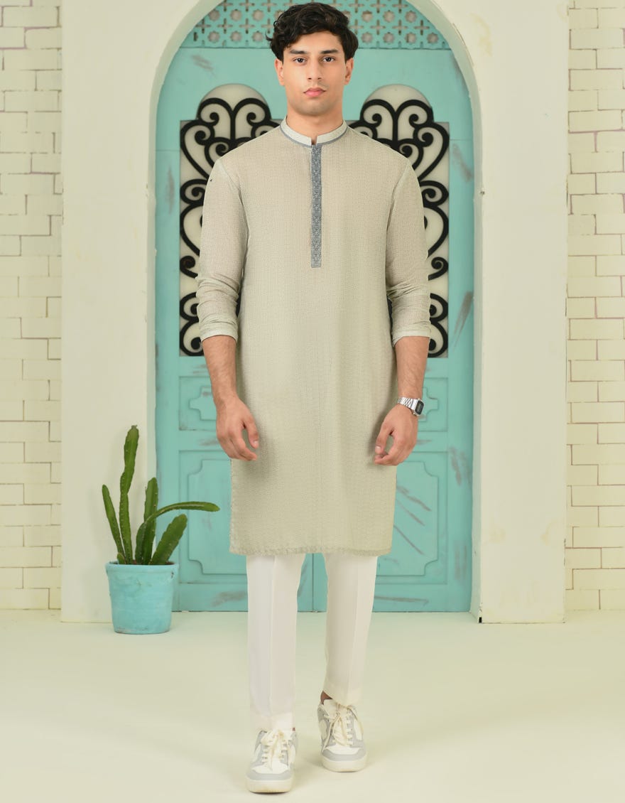 Dull Green Blended Teen Boy's Kurta | Jtk-S-46373