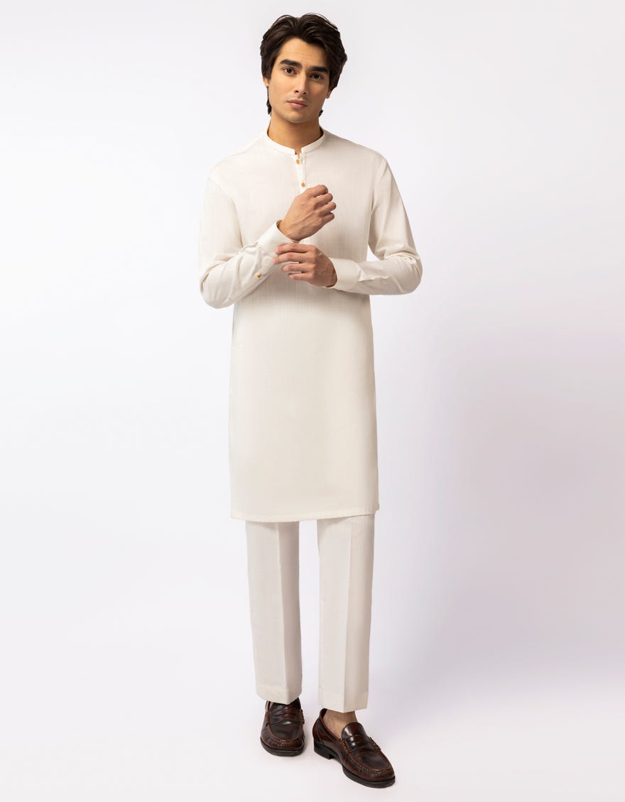 WHITE COTTON PLAIN KURTA TROUSERS