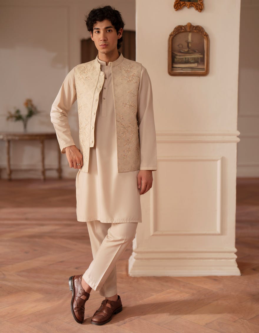 LIGHT BEIGE KURTA TROUSERS & WAISTCOAT