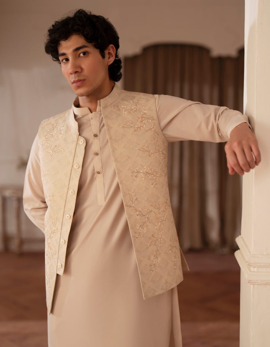 LIGHT BEIGE KURTA TROUSERS & WAISTCOAT