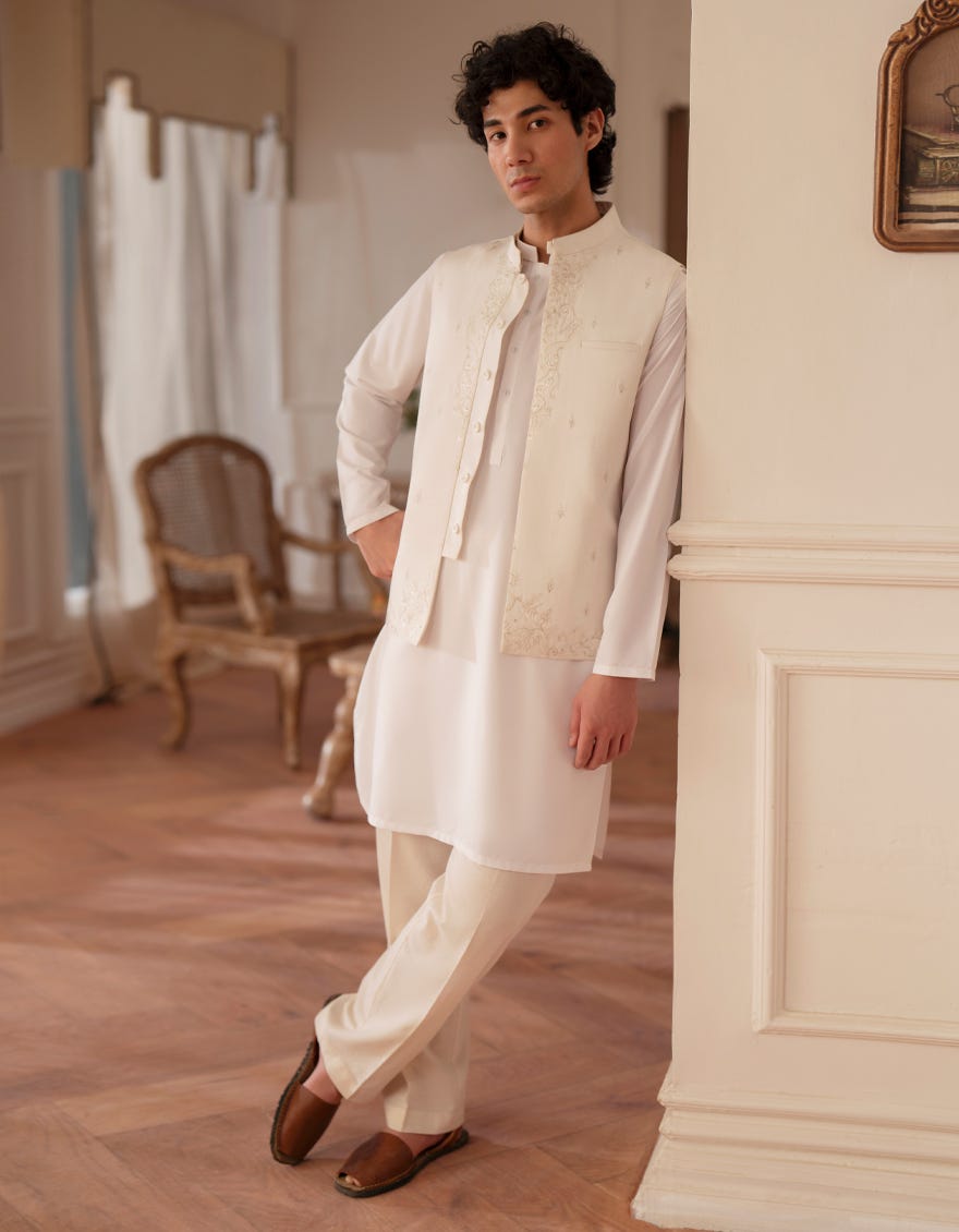 OFF WHITE KURTA TROUSERS & WAISTCOAT