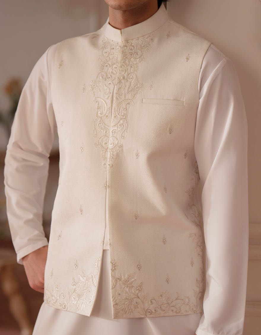 OFF WHITE KURTA TROUSERS & WAISTCOAT