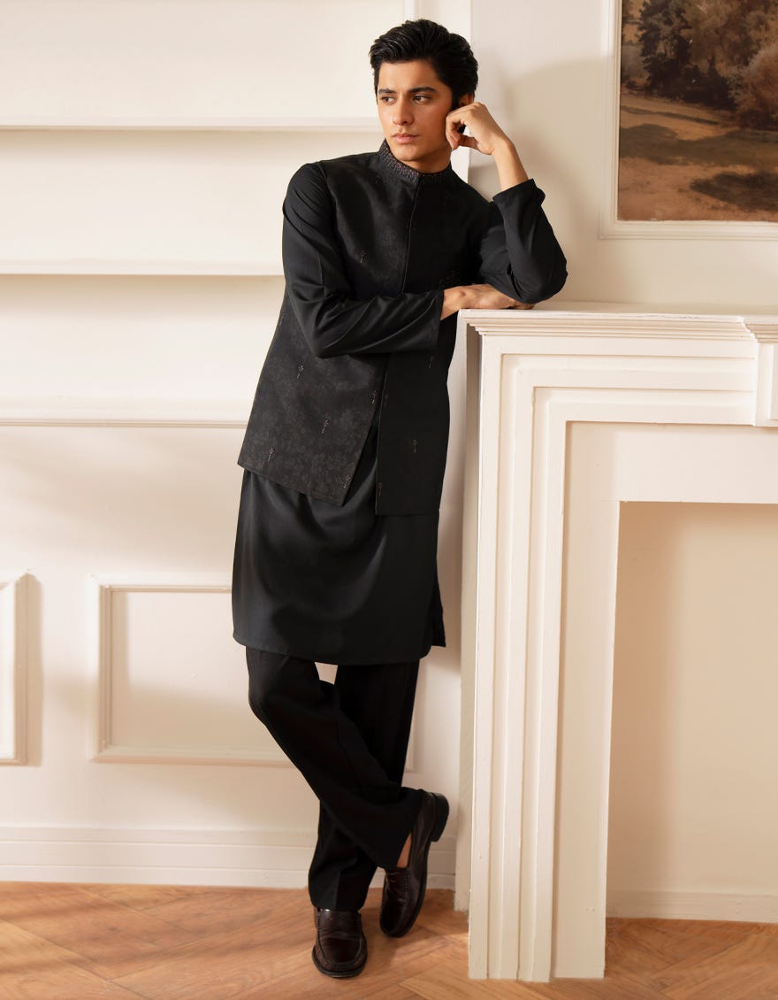 BLACK KURTA TROUSERS & WAISTCOAT