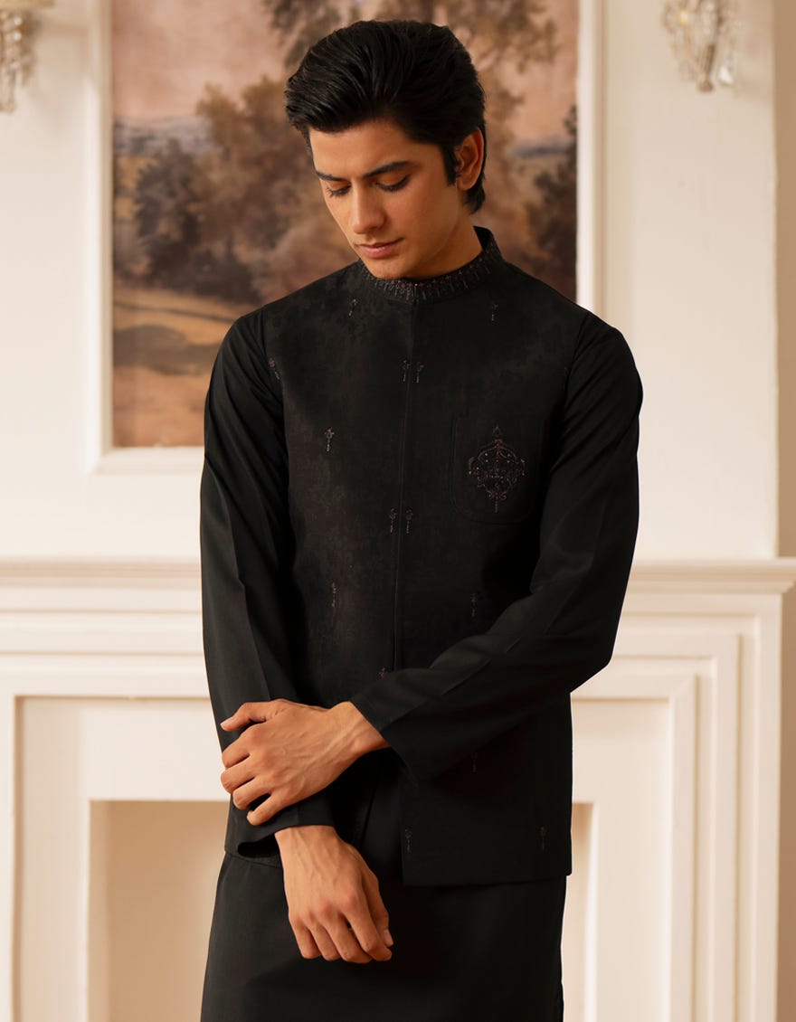 BLACK KURTA TROUSERS & WAISTCOAT