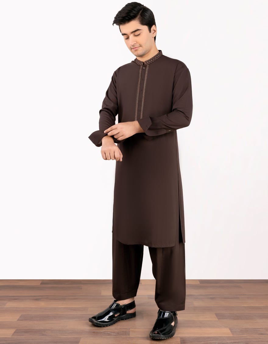 Brown Blended Teen Boy's Kameez Shalwar | Jtks-A-34471
