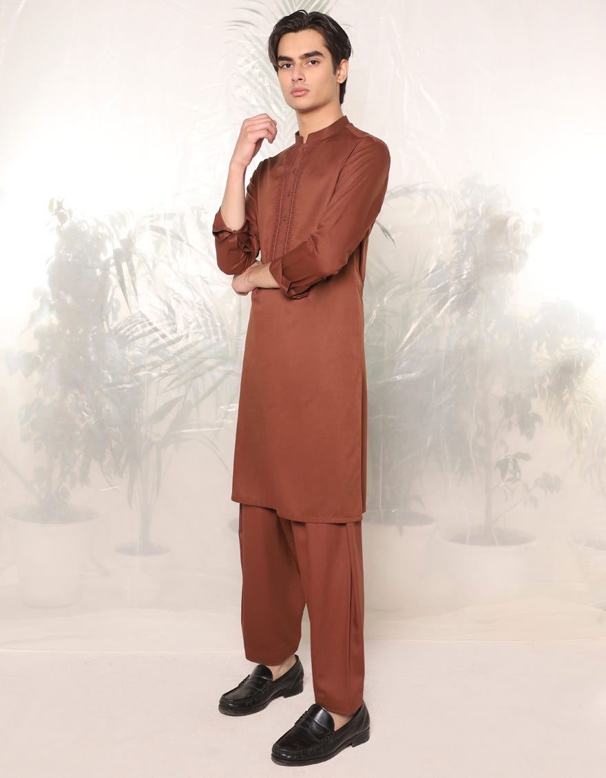 Brown Blended Teen Boy's Kameez Shalwar | Jtks-A-34751