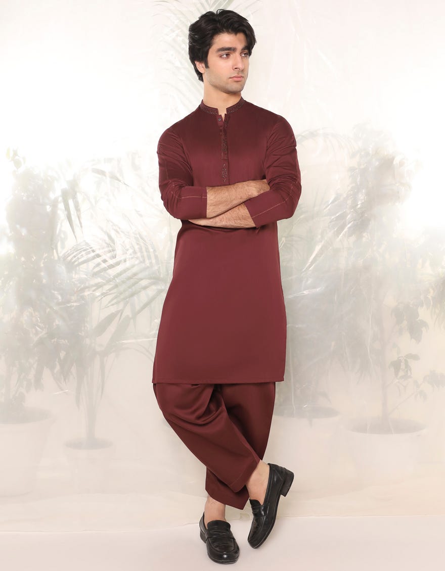 Maroon Blended Teen Boy's Kameez Shalwar | Jtks-A-46378