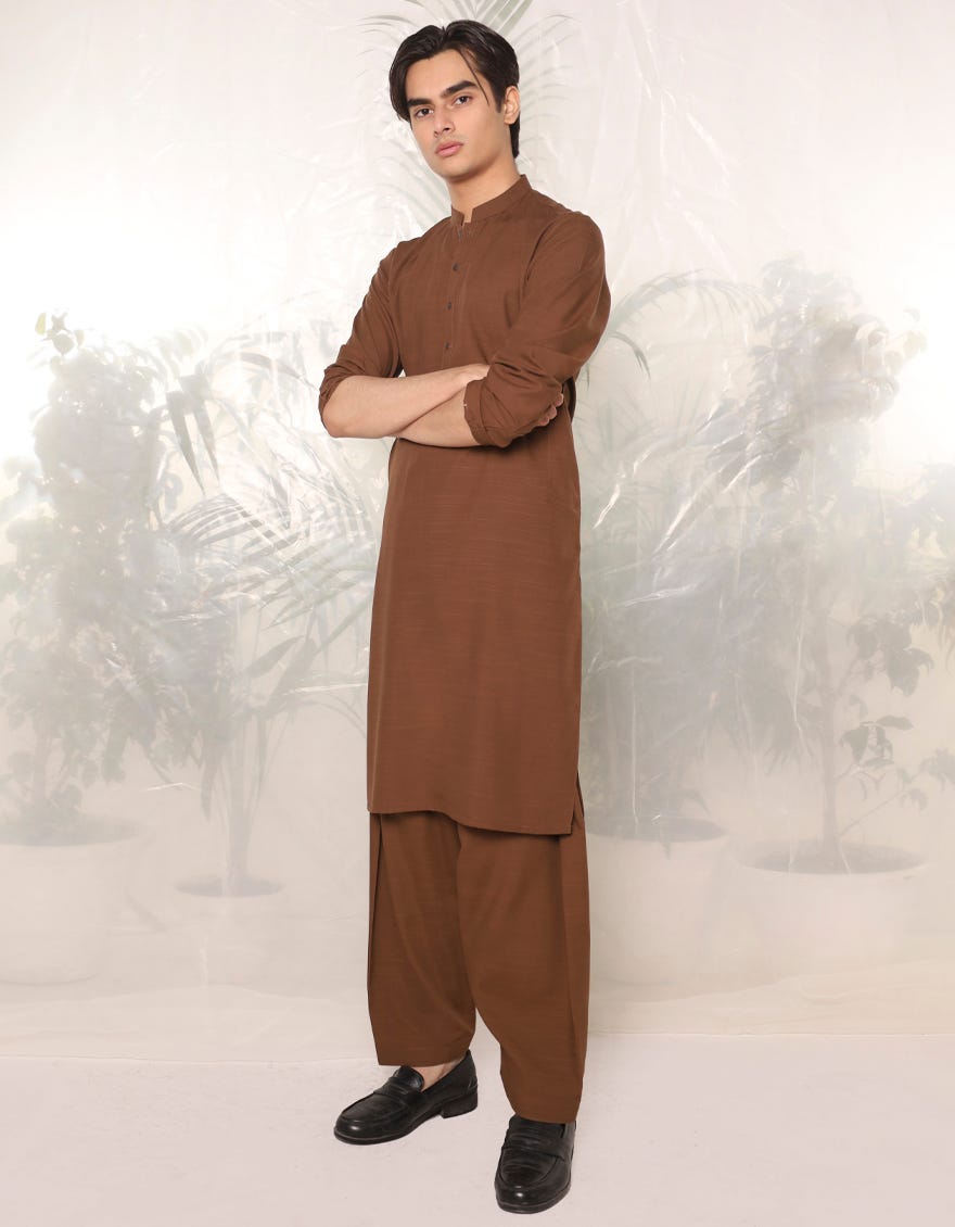 Brown Blended Teen Boy's Kameez Shalwar | Jtks-A-91429