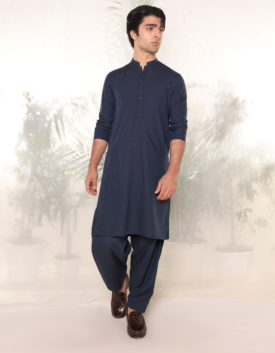 Navy Blue Blended Teen Boy's Kameez Shalwar | Jtks-A-91431