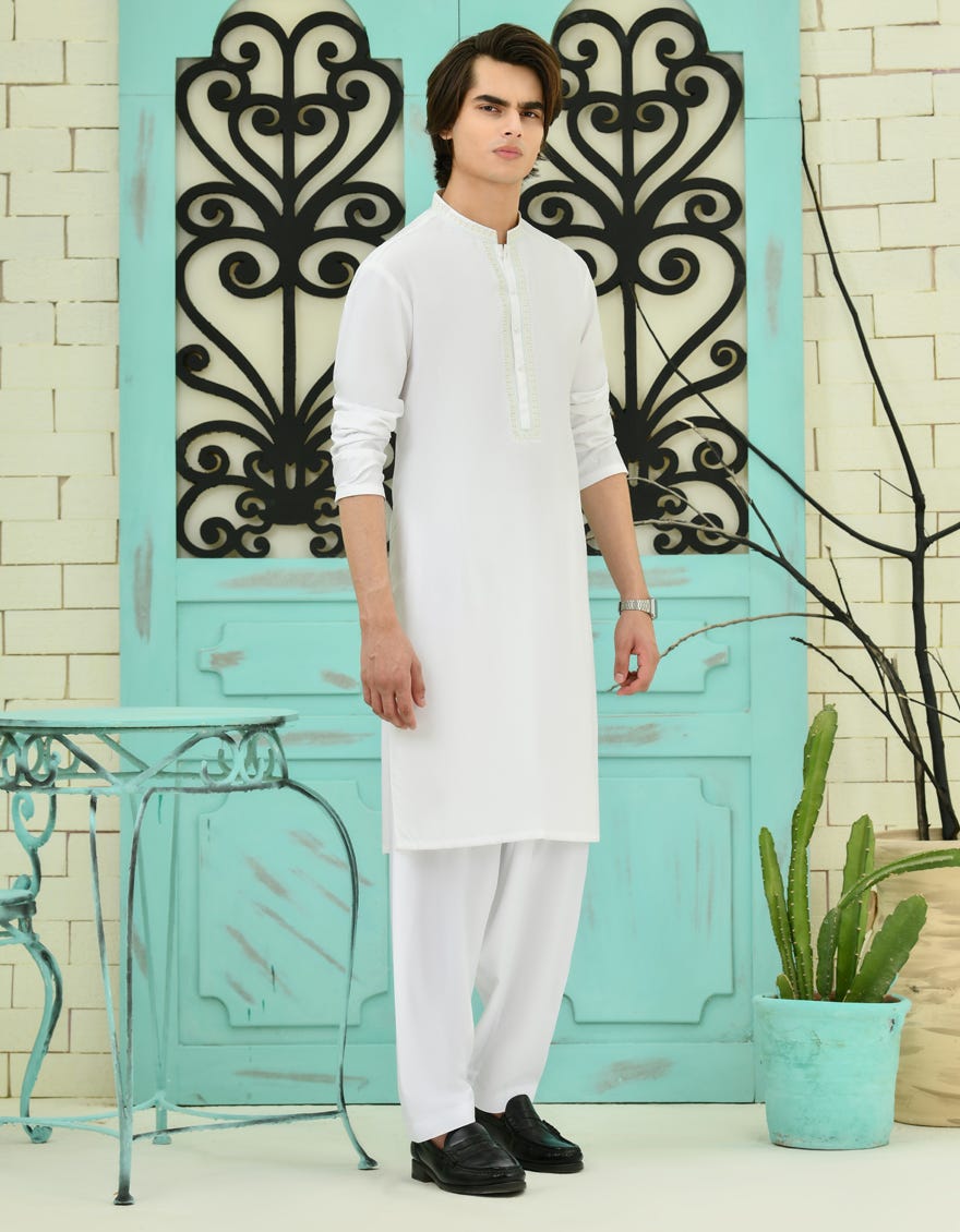 White Blended Teen Boy's Kameez Shalwar | Jtks-A-39115
