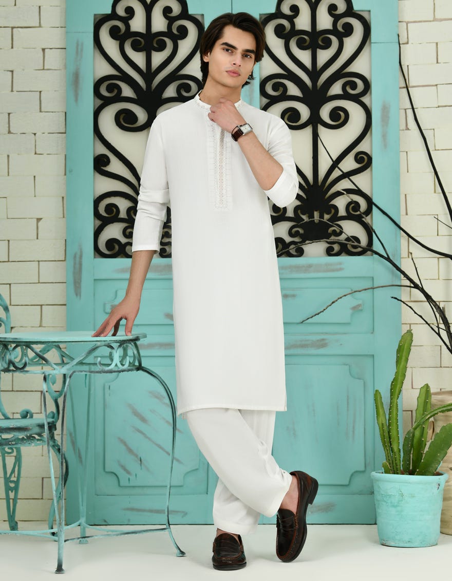 Off White Blended Teen Boy's Kameez Shalwar | Jtks-A-46345
