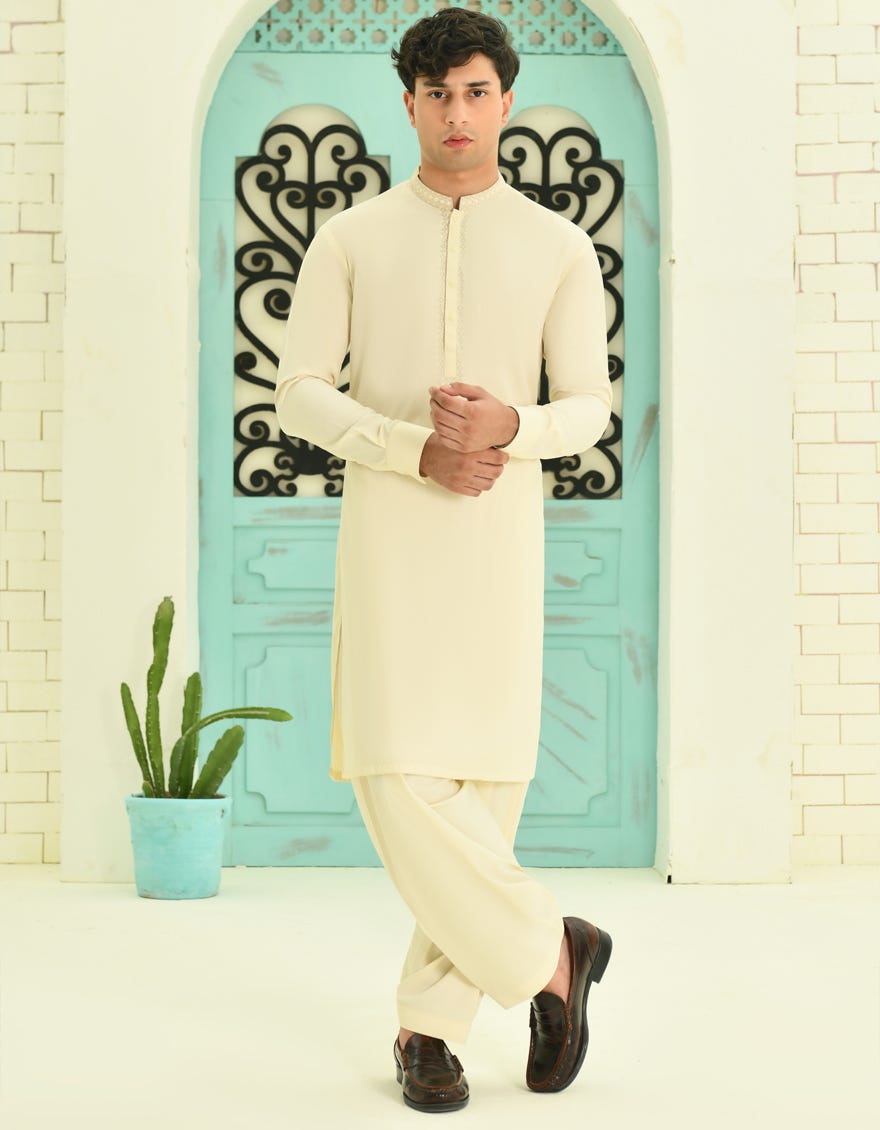 Cream Blended Teen Boy's Kameez Shalwar | Jtks-S-46347
