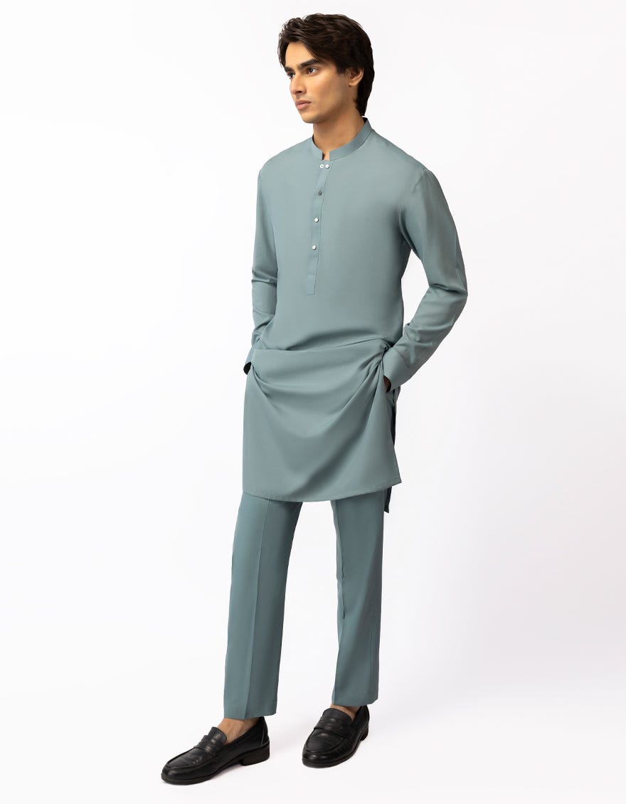 TEAL GREEN PLAIN KURTA TROUSERS