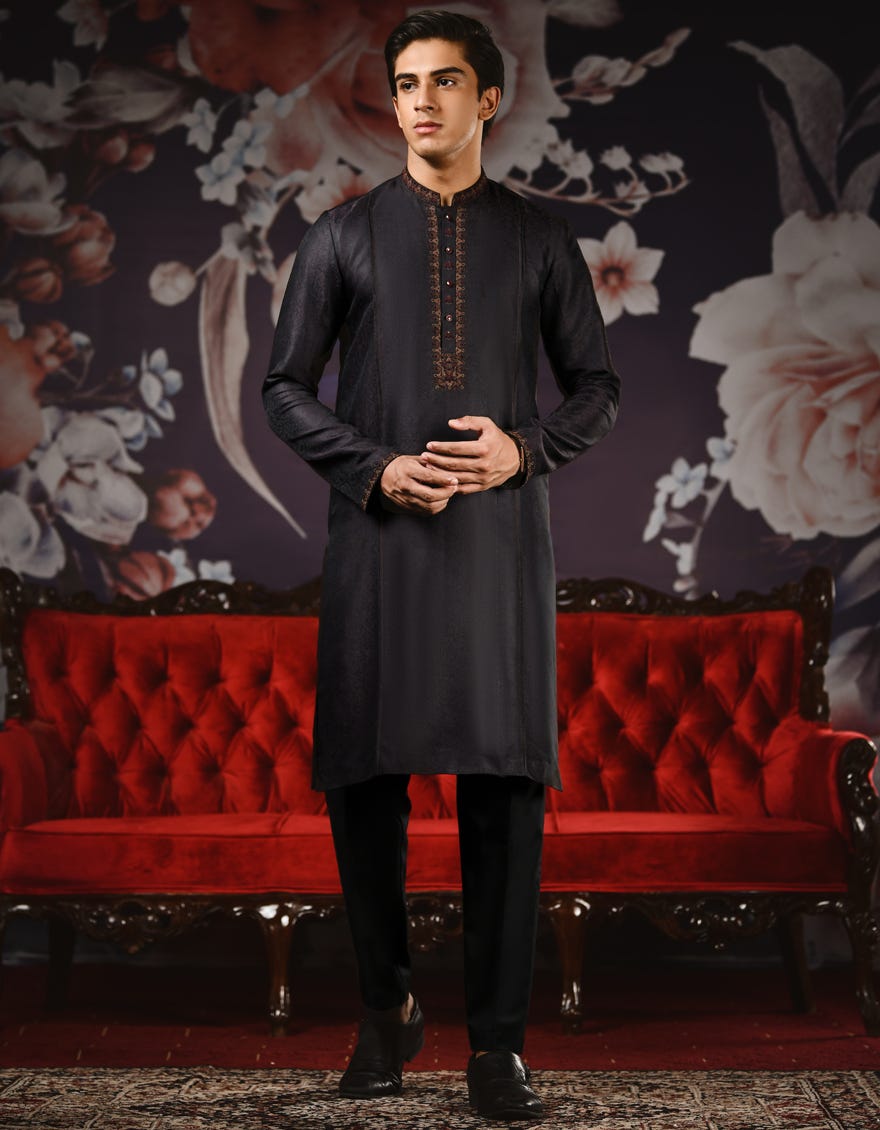Dark Brown Jamawar Teen Boy's Kurta | Jtk-Sp-38433