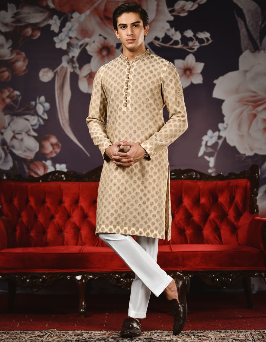 Beige Jamawar Teen Boy's Kurta | Jtk-Sp-38475