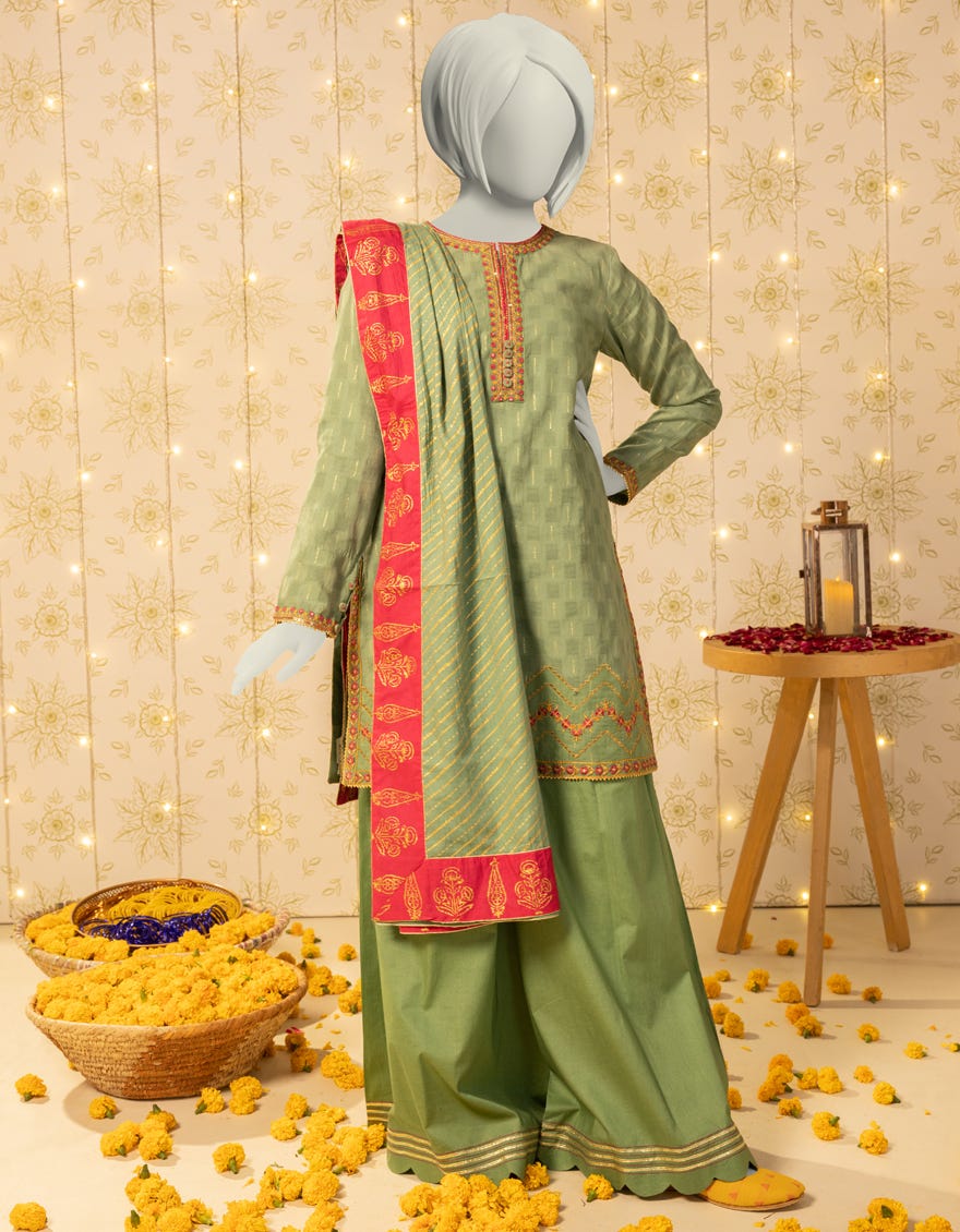 GREEN DOBBY EMBROIDERED 3PC STITCHED – J.
