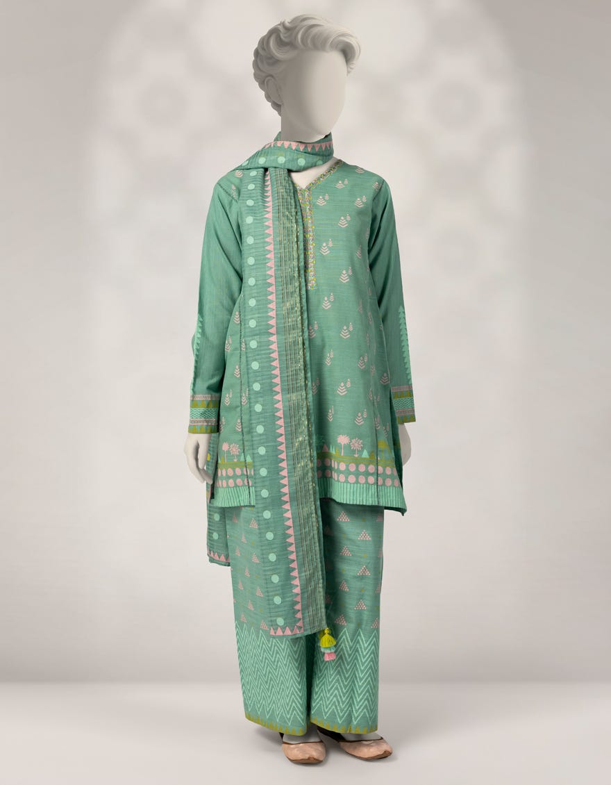 GREEN KHADDAR SLUB EMBROIDERED 3PC STITCHED