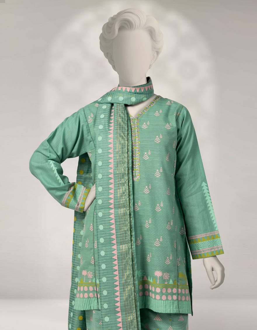 GREEN KHADDAR SLUB EMBROIDERED 3PC STITCHED