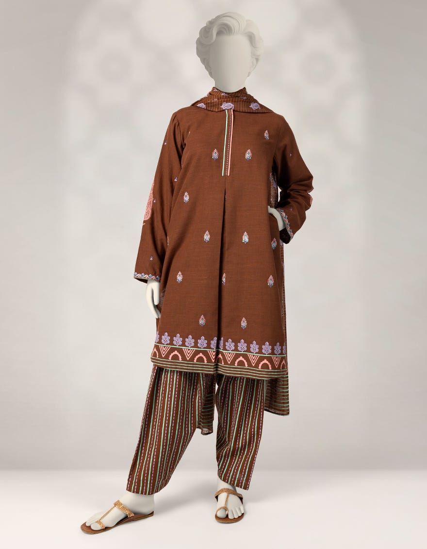 BROWN KHADDAR SLUB EMBROIDERED 3PC STITCHED