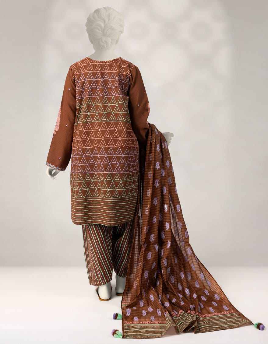 BROWN KHADDAR SLUB EMBROIDERED 3PC STITCHED