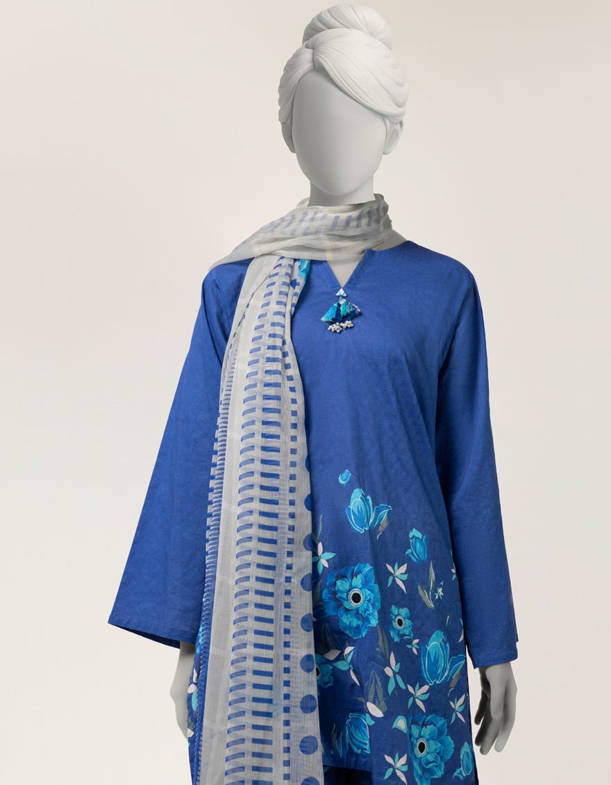 BLUE DOBBY DIGITAL PRINTED 3PC STITCHED