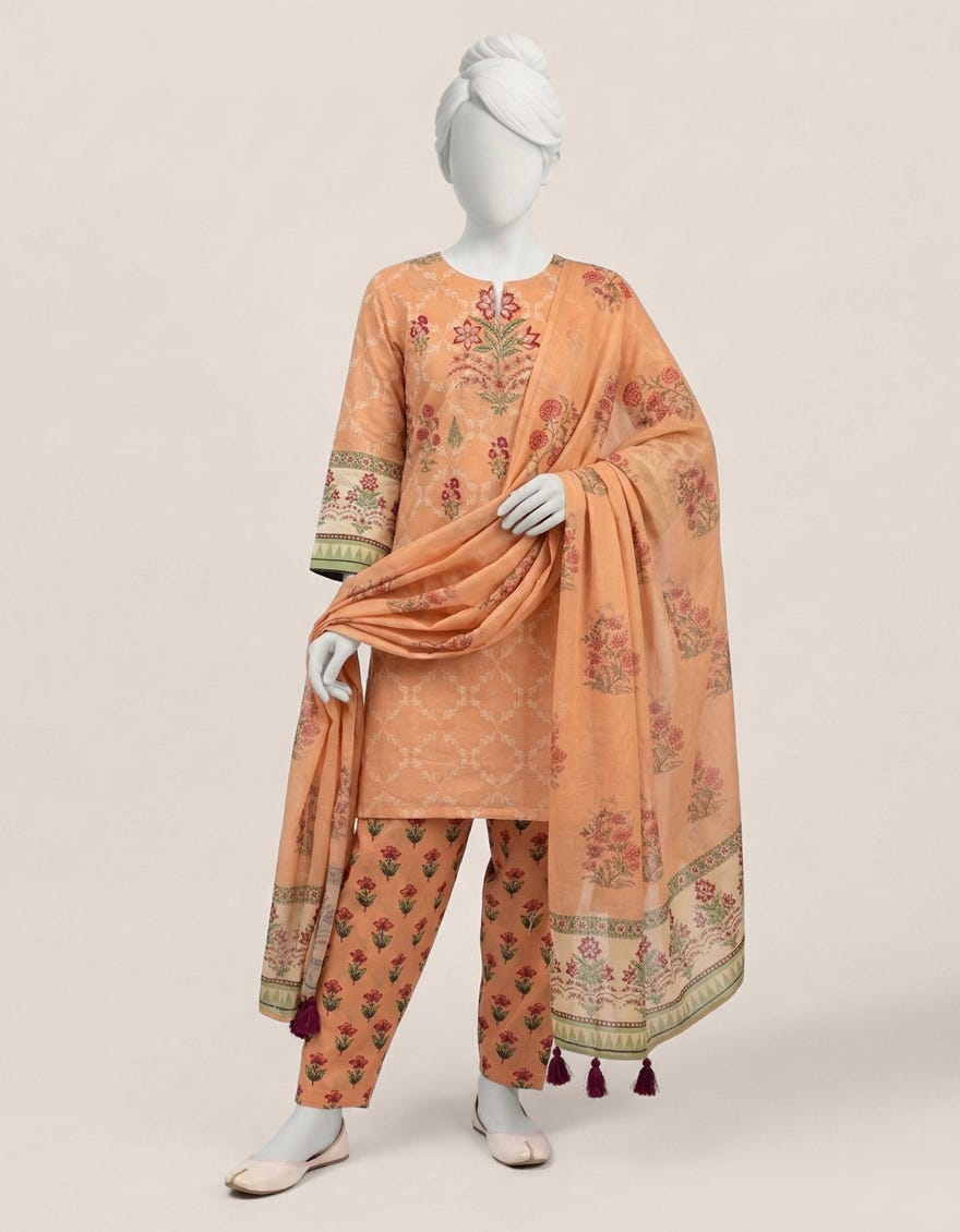 PEACH LAWN PRINTED STITCHED 3PC
