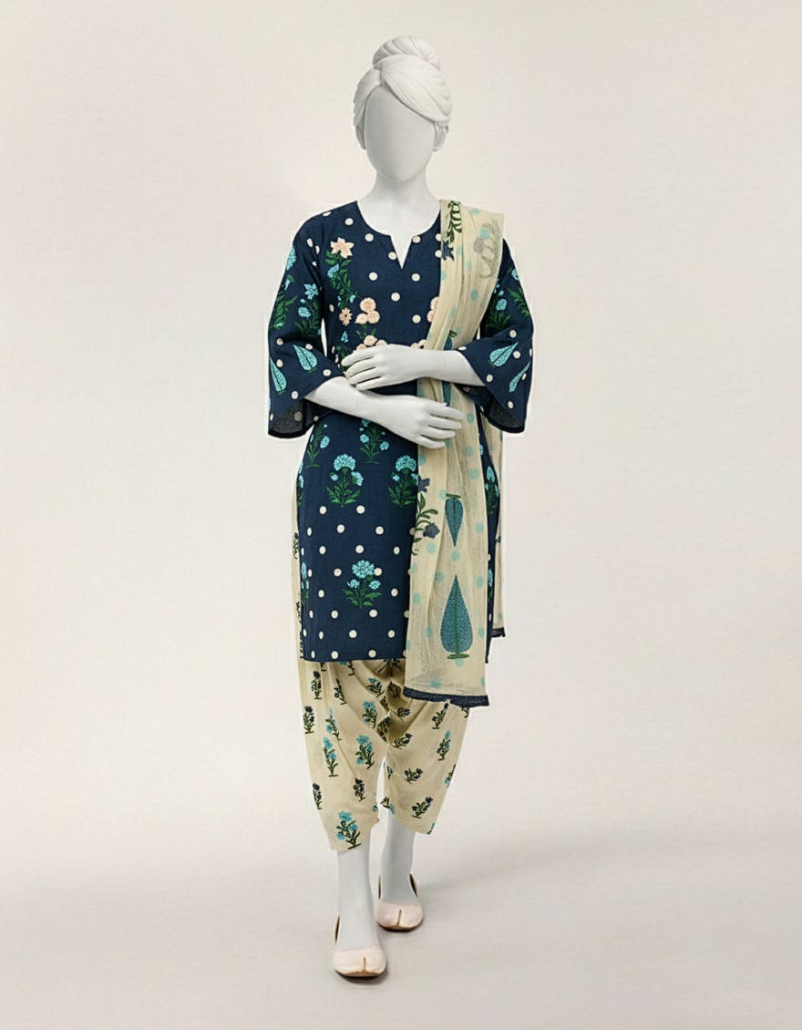 BLUE LAWN PRINTED STITCHED 3PC