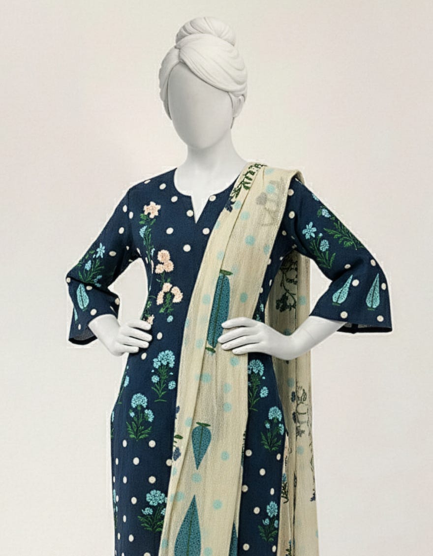 BLUE LAWN PRINTED STITCHED 3PC