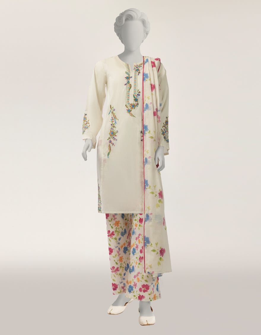 WHITE LAWN EMBROIDERED STITCHED 3PC