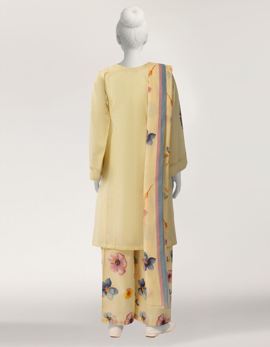 YELLOW LAWN EMBROIDERED STITCHED 3PC